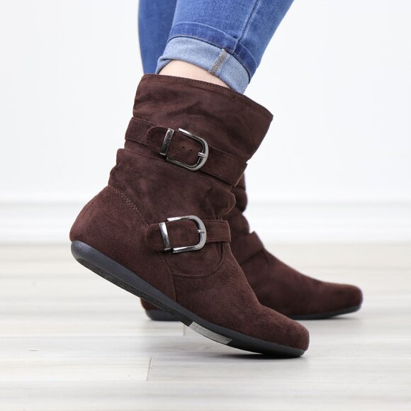 Brown No Heel Flat Boots Round Toe Above Ankle Booties Faux Suede - Picture 1 of 14